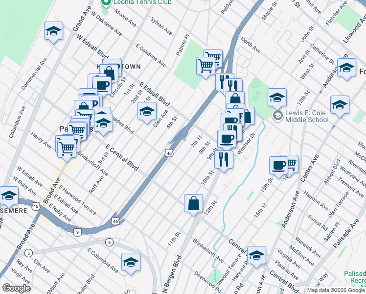 map of restaurants, bars, coffee shops, grocery stores, and more near 421 7th Street in Palisades Park