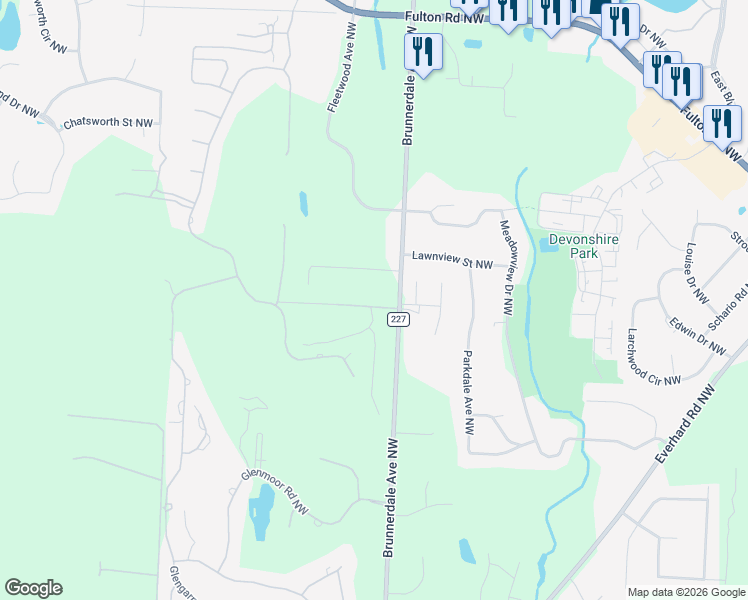 map of restaurants, bars, coffee shops, grocery stores, and more near 4240 Armandale Avenue Northwest in Canton