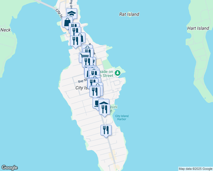map of restaurants, bars, coffee shops, grocery stores, and more near 190 Fordham Street in Bronx