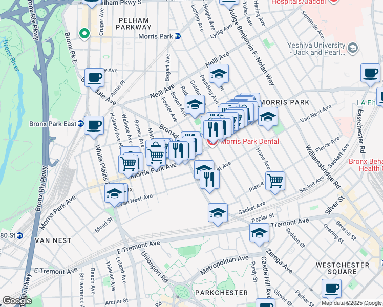 map of restaurants, bars, coffee shops, grocery stores, and more near 1727 Fowler Avenue in The Bronx