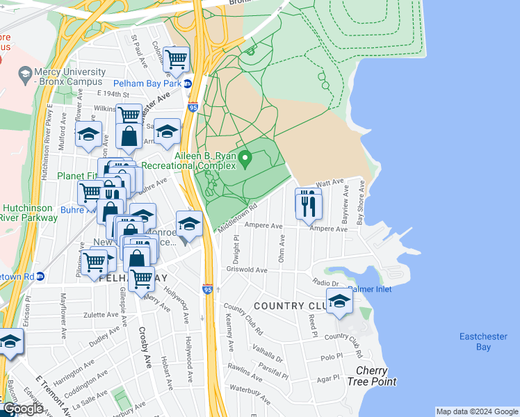 map of restaurants, bars, coffee shops, grocery stores, and more near 3169 Ampere Avenue in The Bronx