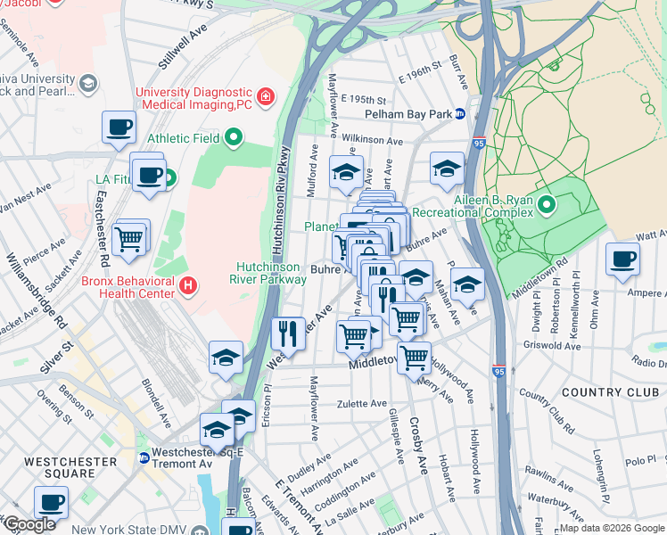 map of restaurants, bars, coffee shops, grocery stores, and more near 1730 Mulford Avenue in Bronx