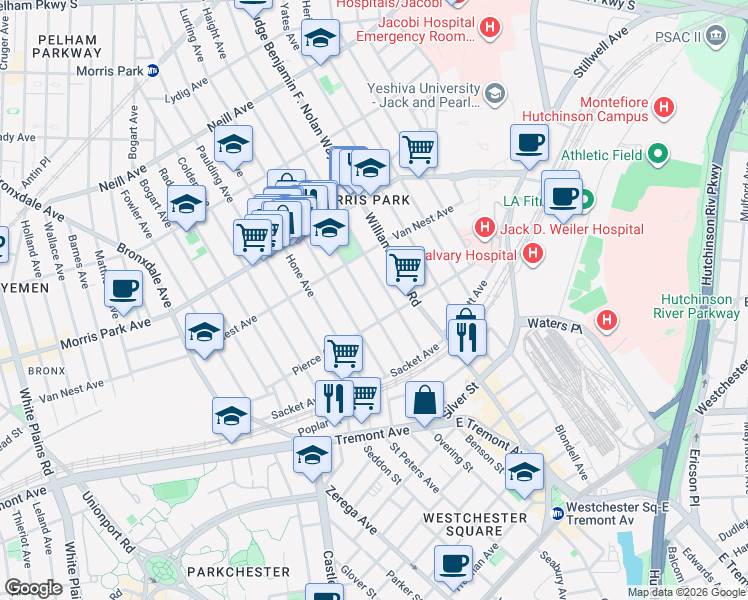 map of restaurants, bars, coffee shops, grocery stores, and more near 1087 Pierce Avenue in Bronx
