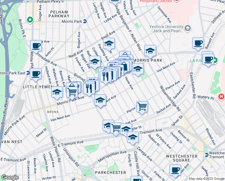 map of restaurants, bars, coffee shops, grocery stores, and more near 1708 Bogart Avenue in Bronx