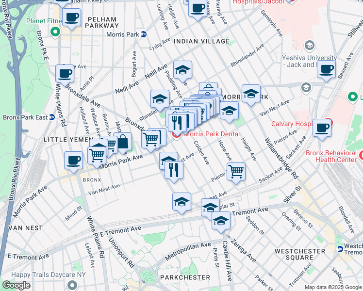 map of restaurants, bars, coffee shops, grocery stores, and more near 1708 Bogart Avenue in Bronx