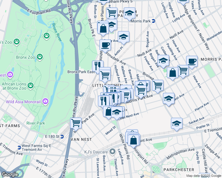 map of restaurants, bars, coffee shops, grocery stores, and more near 1841 Hunt Avenue in The Bronx