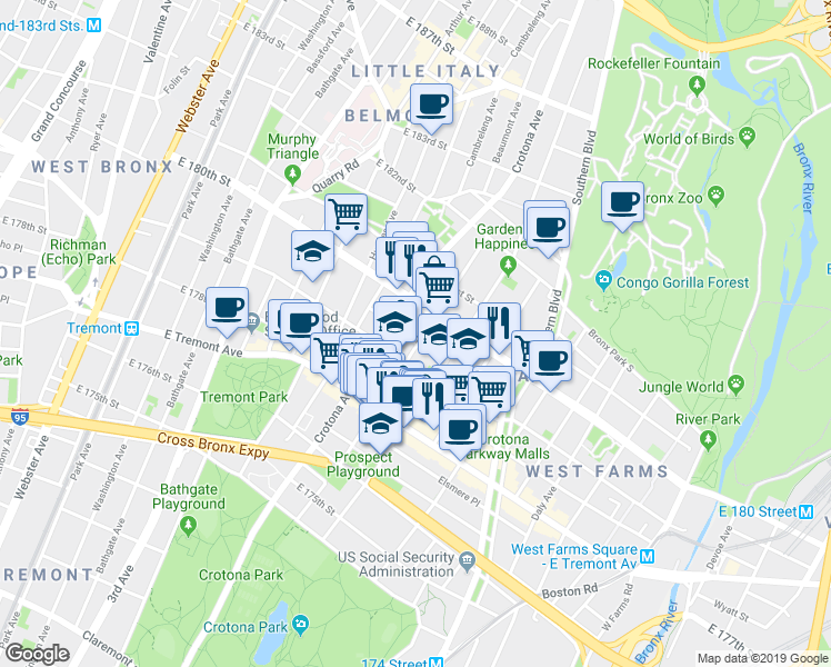 map of restaurants, bars, coffee shops, grocery stores, and more near 2012 Clinton Avenue in The Bronx