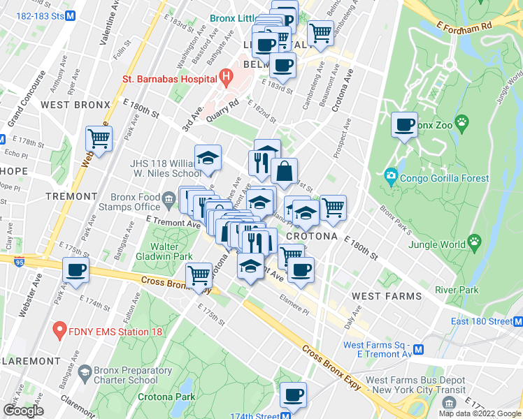 map of restaurants, bars, coffee shops, grocery stores, and more near in The Bronx
