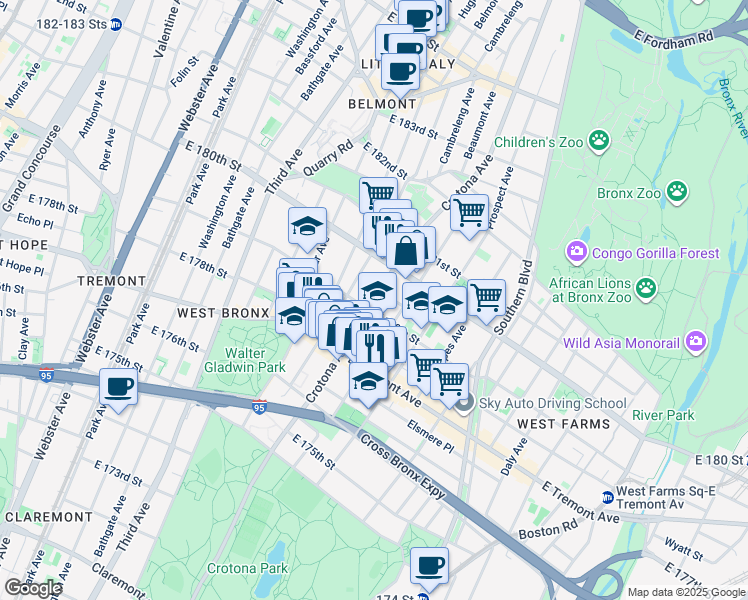 map of restaurants, bars, coffee shops, grocery stores, and more near in The Bronx