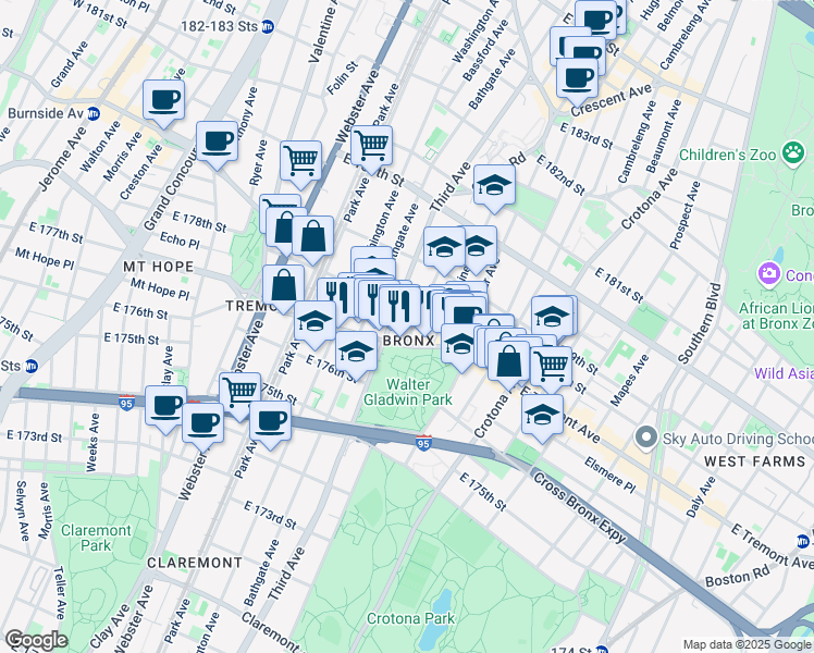 map of restaurants, bars, coffee shops, grocery stores, and more near in The Bronx
