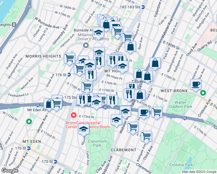 map of restaurants, bars, coffee shops, grocery stores, and more near 1785 Monroe Avenue in Bronx