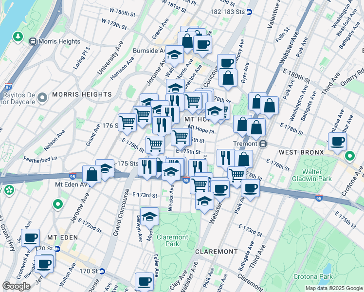 map of restaurants, bars, coffee shops, grocery stores, and more near 1785 Monroe Avenue in Bronx