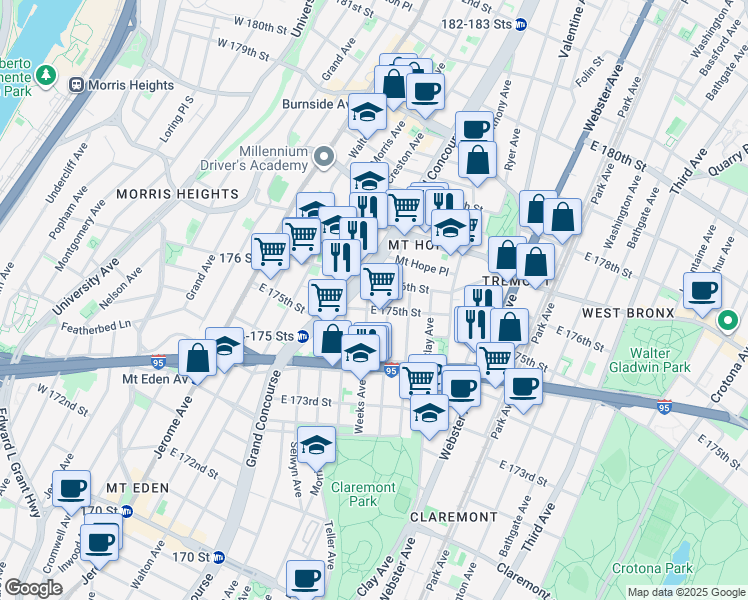 map of restaurants, bars, coffee shops, grocery stores, and more near 1785 Monroe Avenue in Bronx