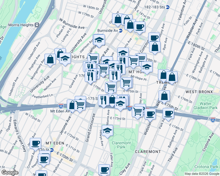 map of restaurants, bars, coffee shops, grocery stores, and more near 1760-1798 Morris Avenue in Bronx