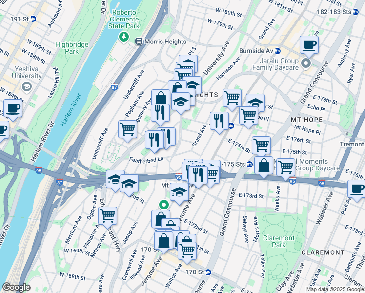 map of restaurants, bars, coffee shops, grocery stores, and more near 1630 Grand Avenue in Bronx