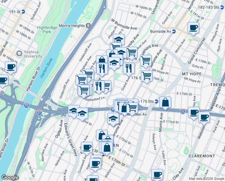 map of restaurants, bars, coffee shops, grocery stores, and more near in The Bronx
