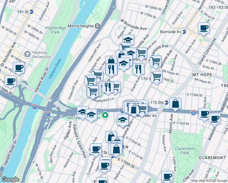 map of restaurants, bars, coffee shops, grocery stores, and more near in The Bronx