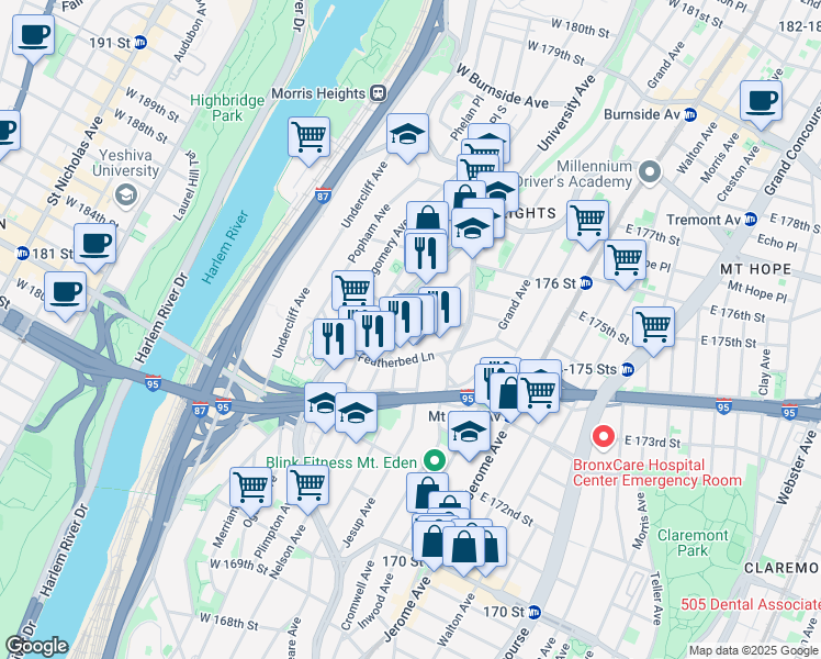map of restaurants, bars, coffee shops, grocery stores, and more near 107 Featherbed Lane in Bronx