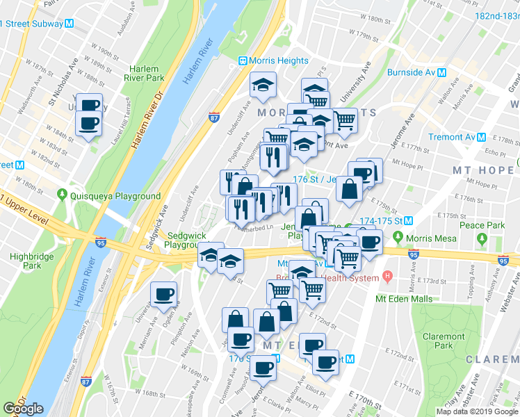 map of restaurants, bars, coffee shops, grocery stores, and more near 107 Featherbed Lane in Bronx