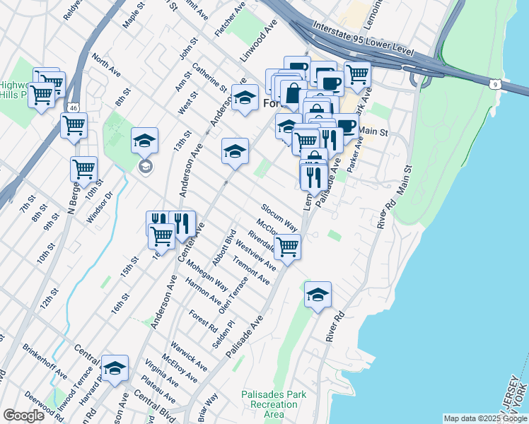 map of restaurants, bars, coffee shops, grocery stores, and more near 258 McCloud Drive in Fort Lee
