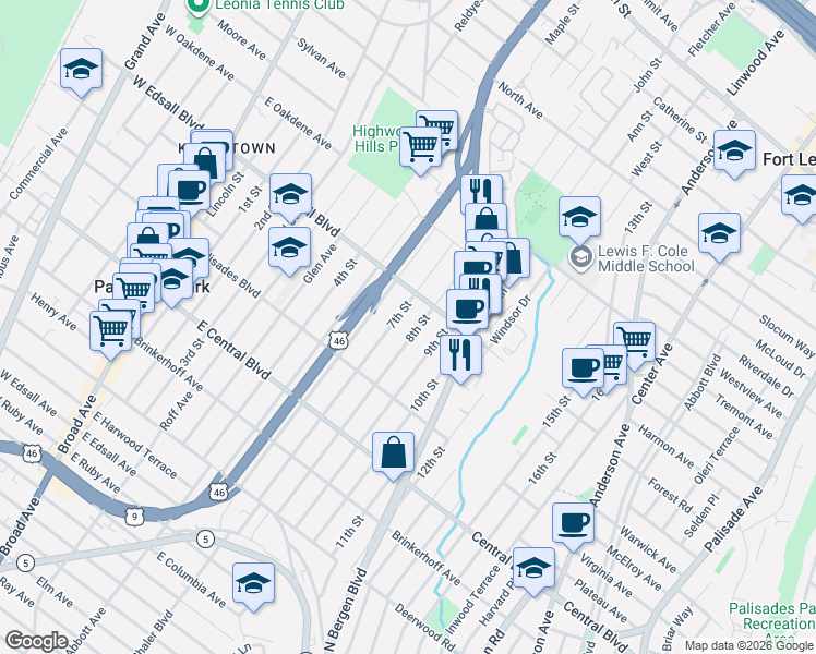 map of restaurants, bars, coffee shops, grocery stores, and more near 438 8th Street in Palisades Park