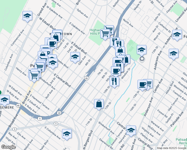 map of restaurants, bars, coffee shops, grocery stores, and more near 421 7th Street in Palisades Park