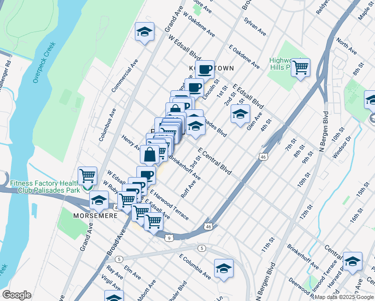 map of restaurants, bars, coffee shops, grocery stores, and more near 248 2nd Street in Palisades Park