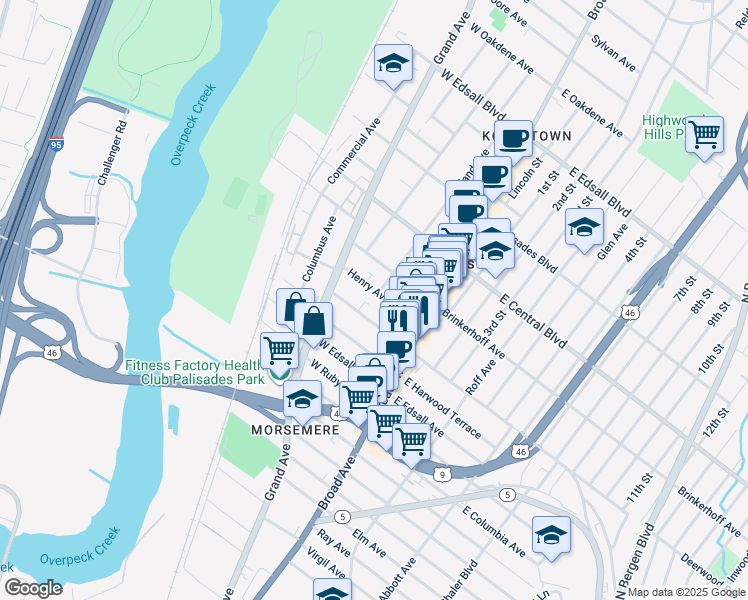 map of restaurants, bars, coffee shops, grocery stores, and more near 39 West Homestead Avenue in Palisades Park