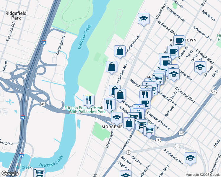 map of restaurants, bars, coffee shops, grocery stores, and more near 141 West Ruby Avenue in Palisades Park