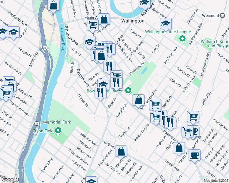 map of restaurants, bars, coffee shops, grocery stores, and more near 15 Rose Street in East Rutherford