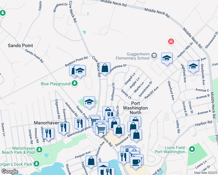 map of restaurants, bars, coffee shops, grocery stores, and more near 33 Driftwood Drive in Port Washington