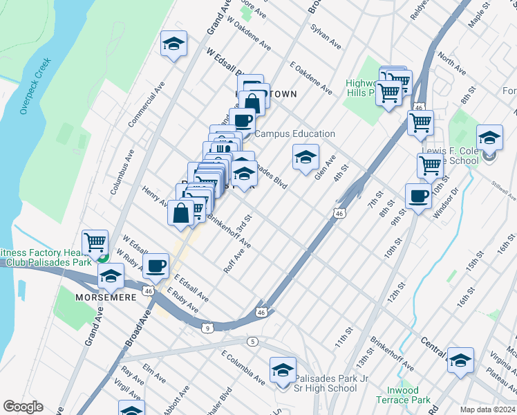 map of restaurants, bars, coffee shops, grocery stores, and more near 306B 3rd Street in Palisades Park