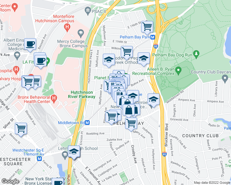 map of restaurants, bars, coffee shops, grocery stores, and more near Crosby Ave & Buhre Ave in Bronx
