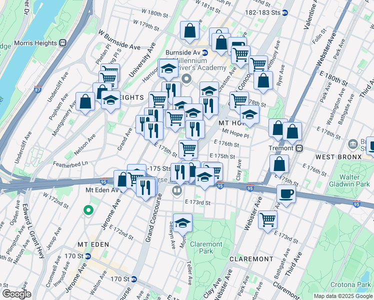 map of restaurants, bars, coffee shops, grocery stores, and more near 1791 Grand Concourse in Bronx