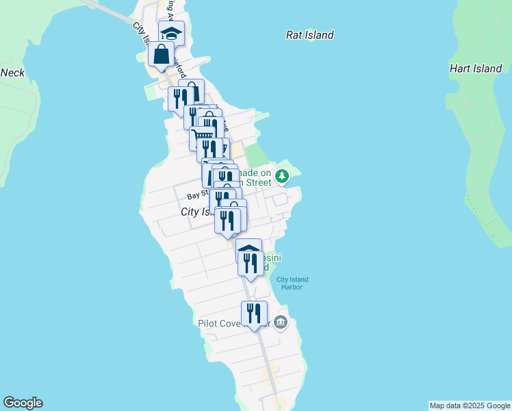 map of restaurants, bars, coffee shops, grocery stores, and more near 190 Fordham Street in Bronx
