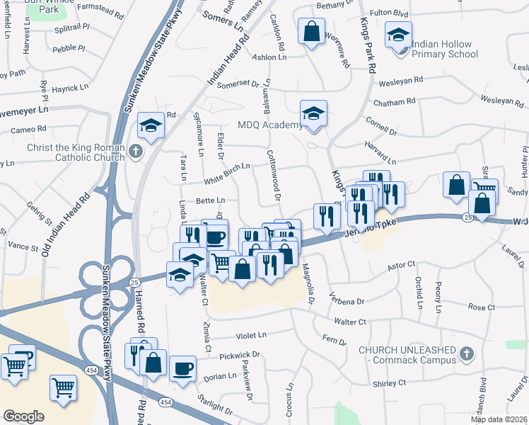 map of restaurants, bars, coffee shops, grocery stores, and more near 33 Elder Drive in Commack