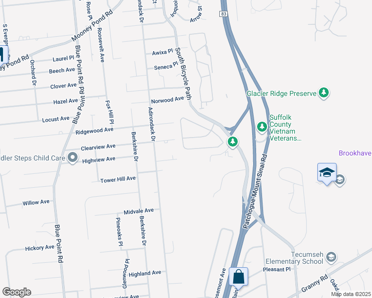 map of restaurants, bars, coffee shops, grocery stores, and more near 162 Overlook Drive in Farmingville