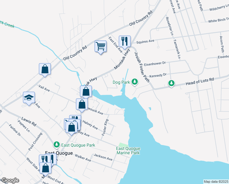 map of restaurants, bars, coffee shops, grocery stores, and more near 1 Harbor Lane in East Quogue