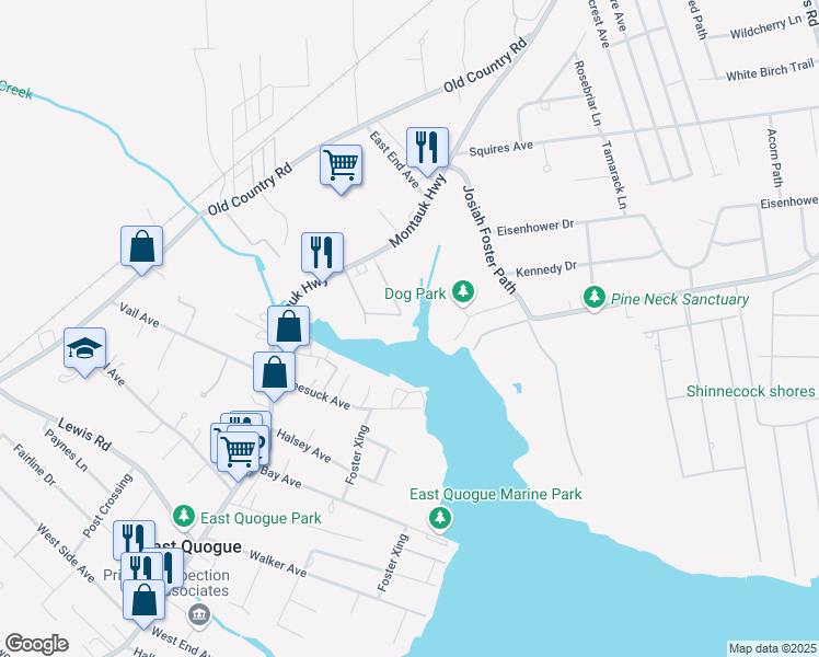 map of restaurants, bars, coffee shops, grocery stores, and more near 1 Harbor Lane in East Quogue