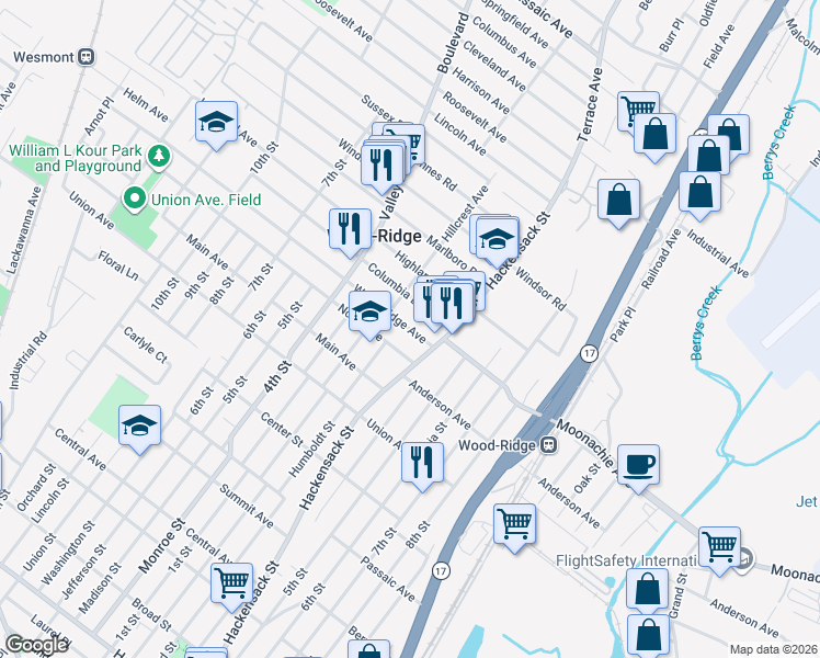 map of restaurants, bars, coffee shops, grocery stores, and more near 486 Wood Ridge Ave in Wood-Ridge