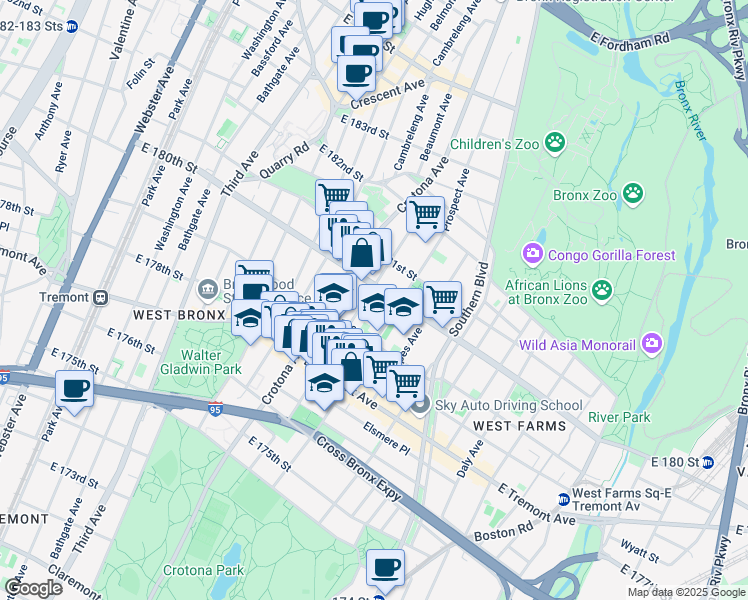 map of restaurants, bars, coffee shops, grocery stores, and more near 2070 Clinton Avenue in Bronx