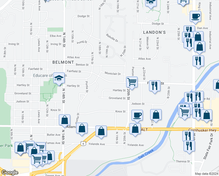 map of restaurants, bars, coffee shops, grocery stores, and more near 1836 Hartley Street in Lincoln