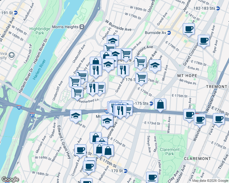 map of restaurants, bars, coffee shops, grocery stores, and more near 1630 Grand Avenue in Bronx