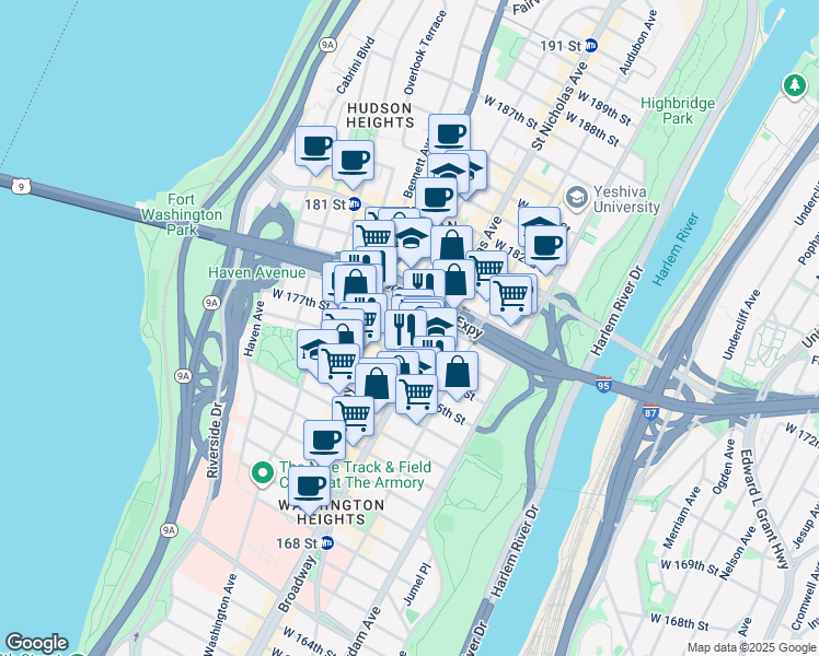 map of restaurants, bars, coffee shops, grocery stores, and more near 609 West 177th Street in New York