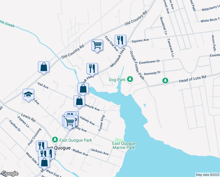 map of restaurants, bars, coffee shops, grocery stores, and more near 3 Harbor Lane in East Quogue