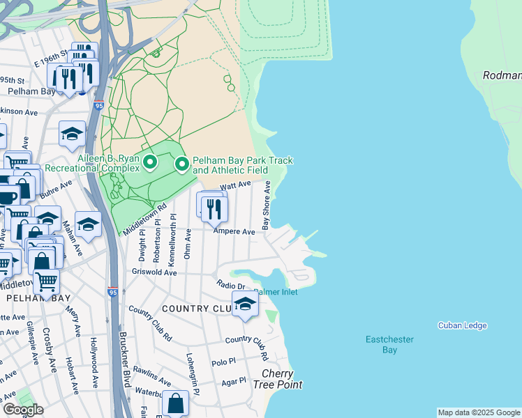 map of restaurants, bars, coffee shops, grocery stores, and more near 1611 Bay Shore Avenue in Bronx