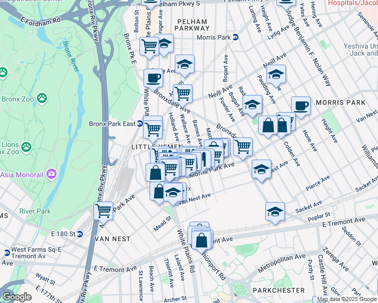 map of restaurants, bars, coffee shops, grocery stores, and more near 1830 Holland Avenue in The Bronx