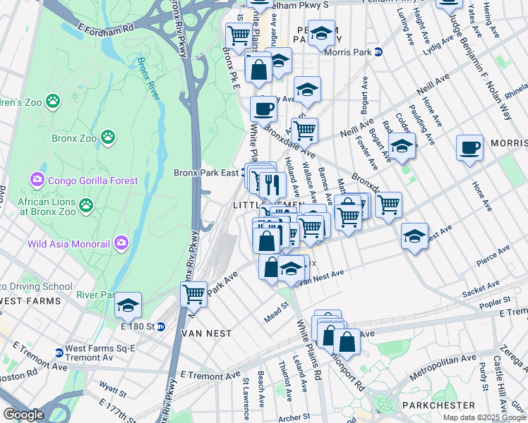 map of restaurants, bars, coffee shops, grocery stores, and more near 1853 Victor Street in The Bronx