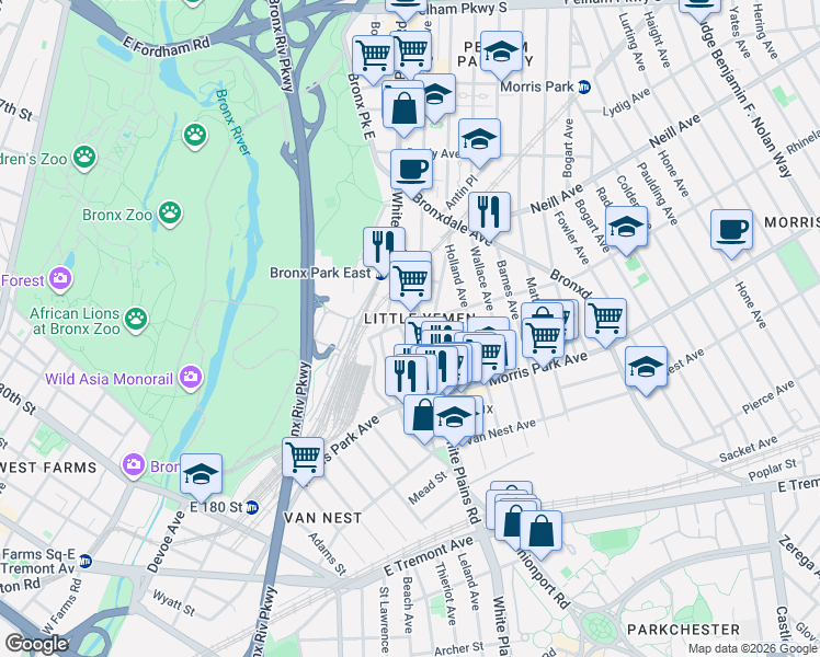map of restaurants, bars, coffee shops, grocery stores, and more near 1853 Victor Street in The Bronx