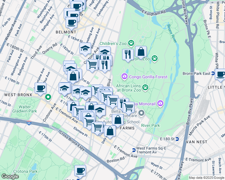 map of restaurants, bars, coffee shops, grocery stores, and more near 2132 Mohegan Avenue in Bronx